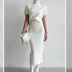 White Ribbed Mock Neck Two Piece Knit Midi Dress